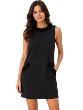 LOFT Petite Black Sleeveless Shift Dress Textured Trim Lined Size 0P